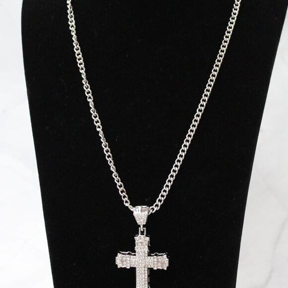 New Silver Tone Rhinestone Cross Necklace N107 - Picture 4 of 4
